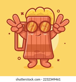 cute beer wooden tankard character mascot with peace sign hand gesture isolated cartoon in flat style design