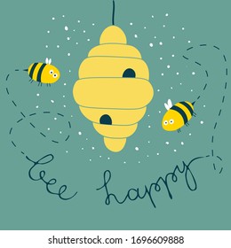 Cute bees around beehive. Bee happy lettering on a blue backdrop. Flat cartoon colorful poster, greeting card, invitation for celebration. Happy bee characters with handwritten typography.