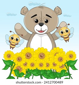 Cute bees and baby bear vector illustration. Happy baby bee cartoon style character. Perfect illustration for t-shirt wear fashion print design, cards, baby shower party invitation and much more