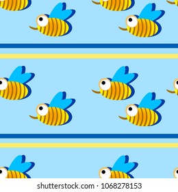 Cute bees in baby style on blue background with stripes. Seamless pattern for textile, fabric, wrapping paper. Vector stock.