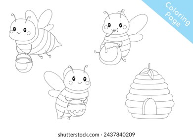 Cute bees black and white outline cartoon vector for kids coloring page. Printable coloring page template cartoon vector.
