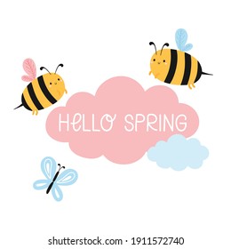 Cute bees and butterfly, cloud with lettering- Hello Spring. Adorable spring hand drawn cartoon style vector illustration isolated on white background.