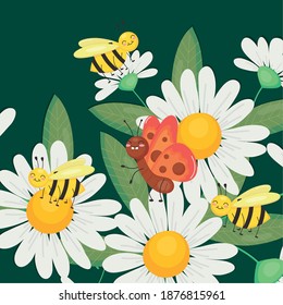 cute bees and butterfly standing on flowers and leaves over white background, colorful design, vector illustration