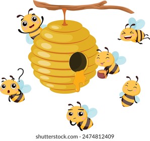 Cute bees cartoon carrying honey to the hive