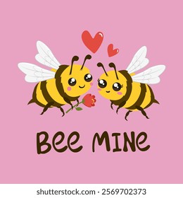 Cute bees cartoon illustration and text “Bee Mine”. Vector illustration.