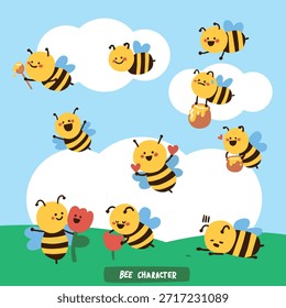 Personajes lindos de las abejas y cielo azul