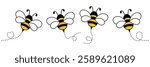 Cute bees characters collection. Flying bees with dotted path. Insects group. Vector illustration isolated on white.