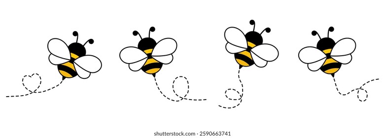Cute bees characters collection. Flying bees with dotted path. Insects group. Vector illustration isolated on white.