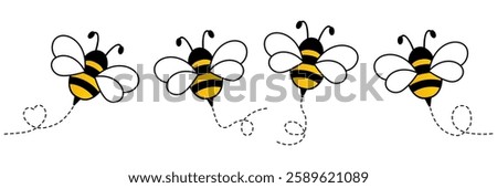 Cute bees characters collection. Flying bees with dotted path. Insects group. Vector illustration isolated on white.