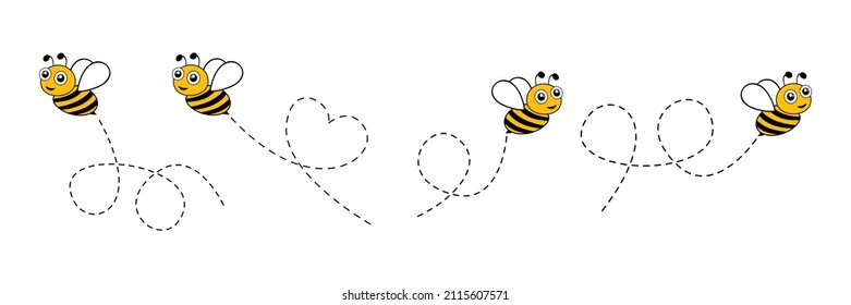 Cute bees characters set. Bee flying on a dotted route isolated on the white background. Vector illustration.