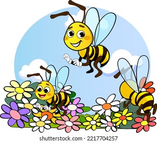 cute bees collect honey from flowers