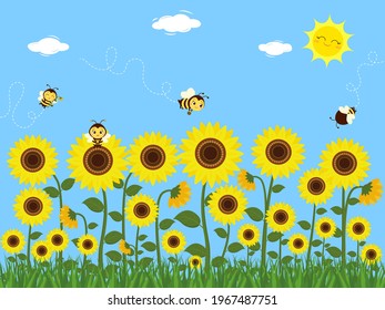 Cute bees collect nectar on sunflowers with leaves. Summer sun and grass background. Vector illustration