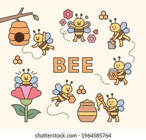 Cute bees collecting honey. flat design style minimal vector illustration.