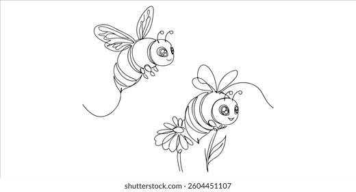 Cute bees continuous single line art drawing sketch on white background