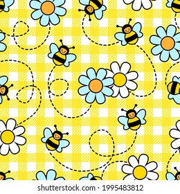 Cute bees and daisies on a checkered background. Vector summer seamless pattern. Cartoon style.