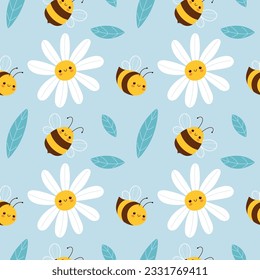 Cute bees and daisies seamless pattern. Cute characters in flat cartoon style on a light blue background.