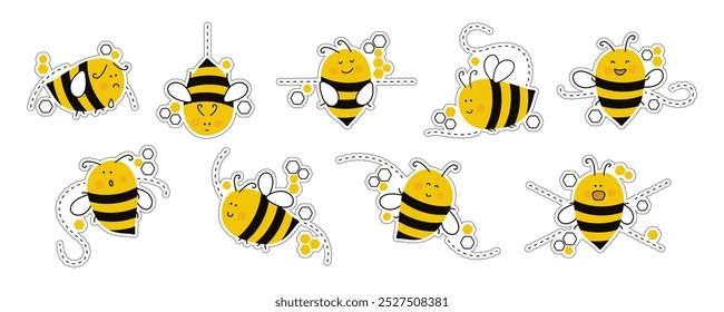 Süße Bienen mit verschiedenen Ausdrücken. Bienensticker-Kollektion. Perfekt für Karten, Verpackungen, Stifte, Textilien