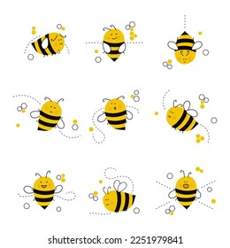 Cute bees with  different face expression isolated vector illustration set. Insect 
