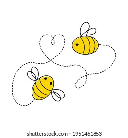 Rute Bienen mit gepunkteter Linie fliegen. Pass auf Bienenstöcke auf! Futtermittel für die Honigerzeugung. Druck auf Kinderbekleidung, dekorative Kissen. Vektorgrafiken.