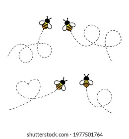 Cute bees with dotted line route set. Vector illustration isolated on white