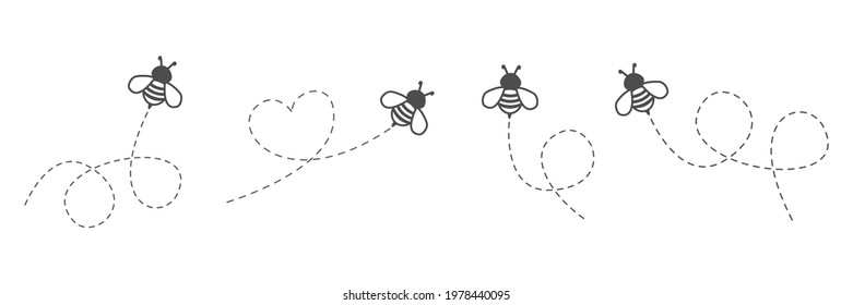 Cute bees with dotted line route set. Vector illustration isolated on white