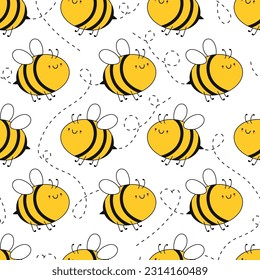 Cute bees with dotted route seamless pattern. Happy smiling honeybee characters, funny childish print. Vector illustration isolated on white background