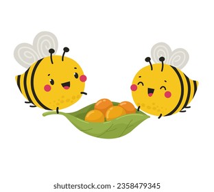 Abejas con polen de flores. Caracteres vectoriales de estilo plano.