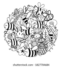 Cute bees in the flowers circle shape pattern. Funny insects coloring page. Black and white mandala print for coloring book. Vector illustration 