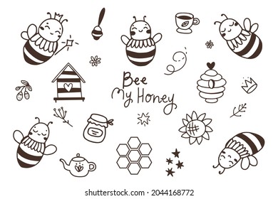 Cute bees with flowers and honey elements hand drawn vector set. 
Doodle clipart, hive, honeycomb, pot, spoon, beekeeping, Text phrases.
Flying bee illustration isolated on white background. 