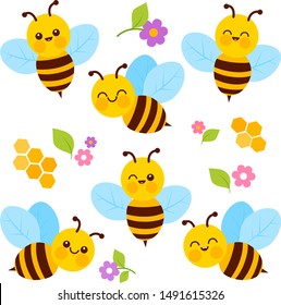 Cute bees, flowers and honeycombs collection. Vector illustration set.