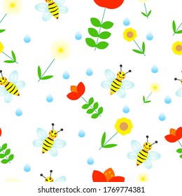 Cute bees in flowers pattern. vector image