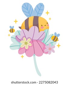 cute bees and flowers spring character isolated icon