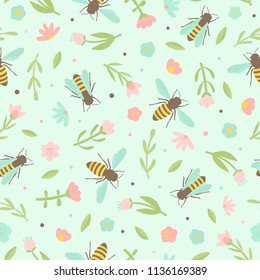 Cute bees and flowers. Vector seamless pattern