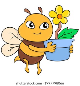 cute bees fly carrying beautiful sunflower plants, vector illustration art. doodle icon image kawaii.