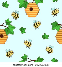 Cute bees fly near the tree and the hive, seamless pattern. Children's vector illustration, character