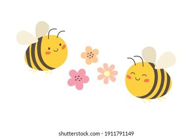 Cute bees fly over the flower. Vector illustration in flat style.