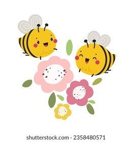 Cute bees fly over the flower. Vector illustration in flat style.