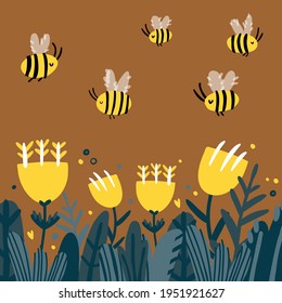 Cute bees fly over flowers cartoon vectcor. Leaves, floiwers, bee, doodle elements isolated on colorful bacground. 