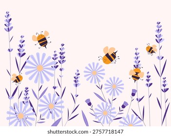 Cute bees flying among lavender and daisy flowers. Spring nature background with blooming plants, pollination concept, pastel flat vector style