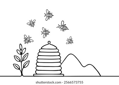 Cute bees flying near hive and flower spring line drawn