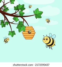 Cute bees are flying near the tree and the hive. Children's vector illustration, character