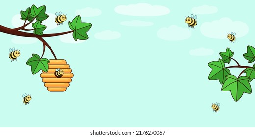 Cute bees are flying next to a tree and a hive, a space for text. Children's vector illustration, character