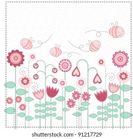 Cute bees are flying over flower meadow. Vector illustration