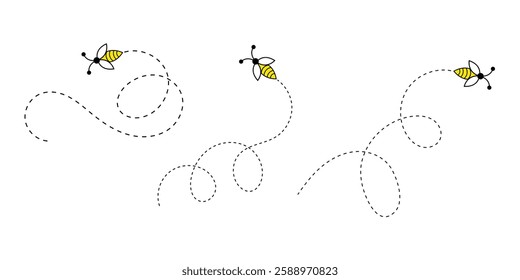 Cute Bees Following Dotted Paths on a White Background. Flying Bees Path.