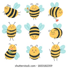 Cute bees. Funny yellow bee characters, hand drawn flying honey bees isolated vector illustration icons set. Insect with flowers and different face expression. Adorable pink cheeks and smile