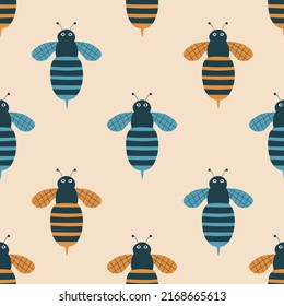 Cute bees hand drawn vector illustration. Funny wasp character in flat style seamless pattern for kids fabric or wallpaper.