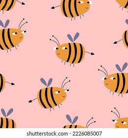 Cute bees hand drawn vector illustration. Funny bumblebees character in flat style seamless pattern for kids fabric or wallpaper.	