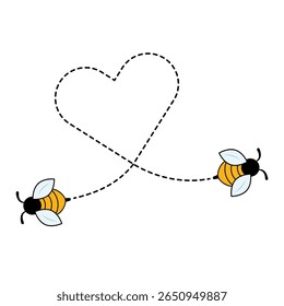 Cute Bees with Heart Flight Path Vector Illustration. A charming vector illustration featuring two cute bees flying along a dotted line that forms the shape of a heart.