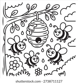 Cute Bees and Hive Coloring Page – Honeycomb, Flowers  Nature Scene for Kids