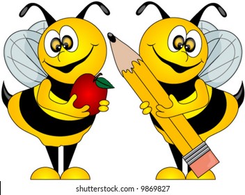 Cute Bees holding an Apple for the Teacher and a Pencil, Vector